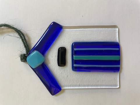 Blue fused glass birdhouse hanging ornament