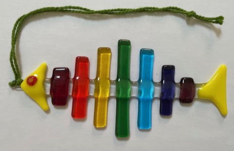 Rainbow coloured fused glass fish hanging ornament