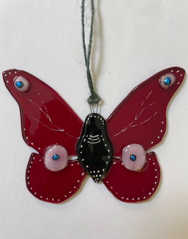 Deep red fused glass butterfly hanging ornament