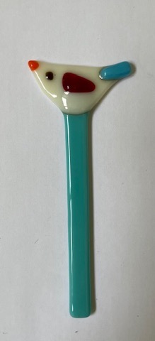 Cream bird on a teal fused glass garden stake